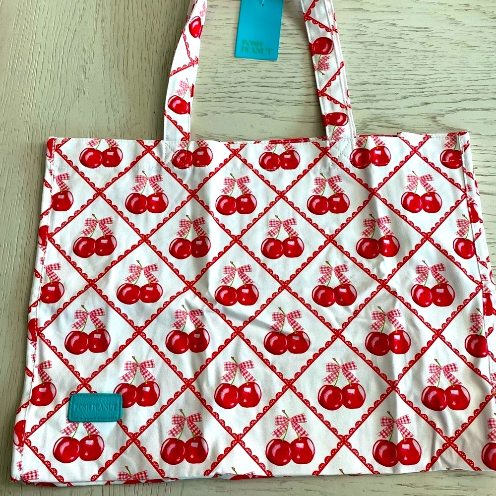 Posh Peanut Red & White Cherry Bows Cloth Tote Travel Diaper Teacher Bag - Picture 3 of 7